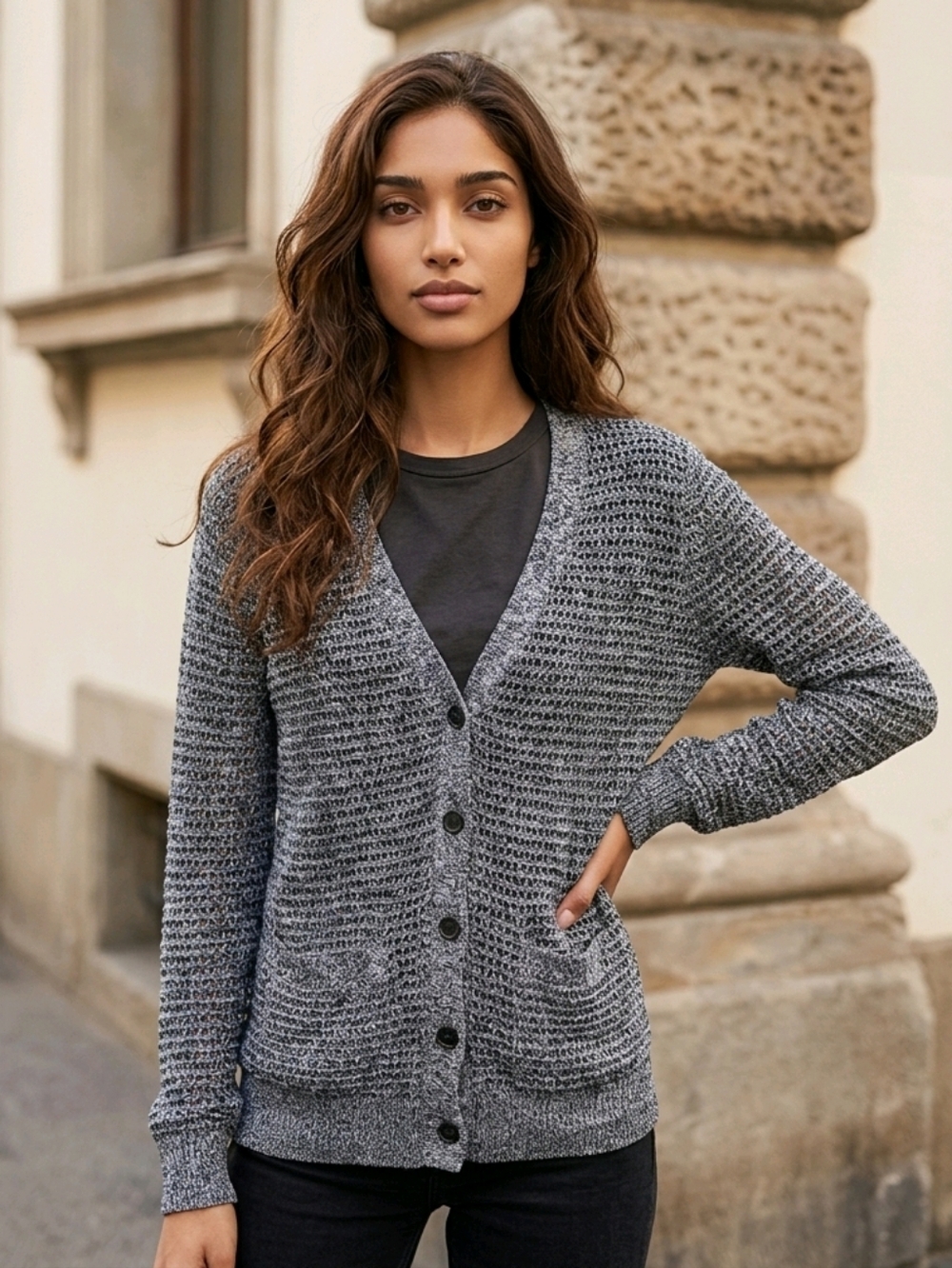 Fossil Cardigan XS Gray Marled 100% Cotton Open Knit Button Front Preppy Sweater